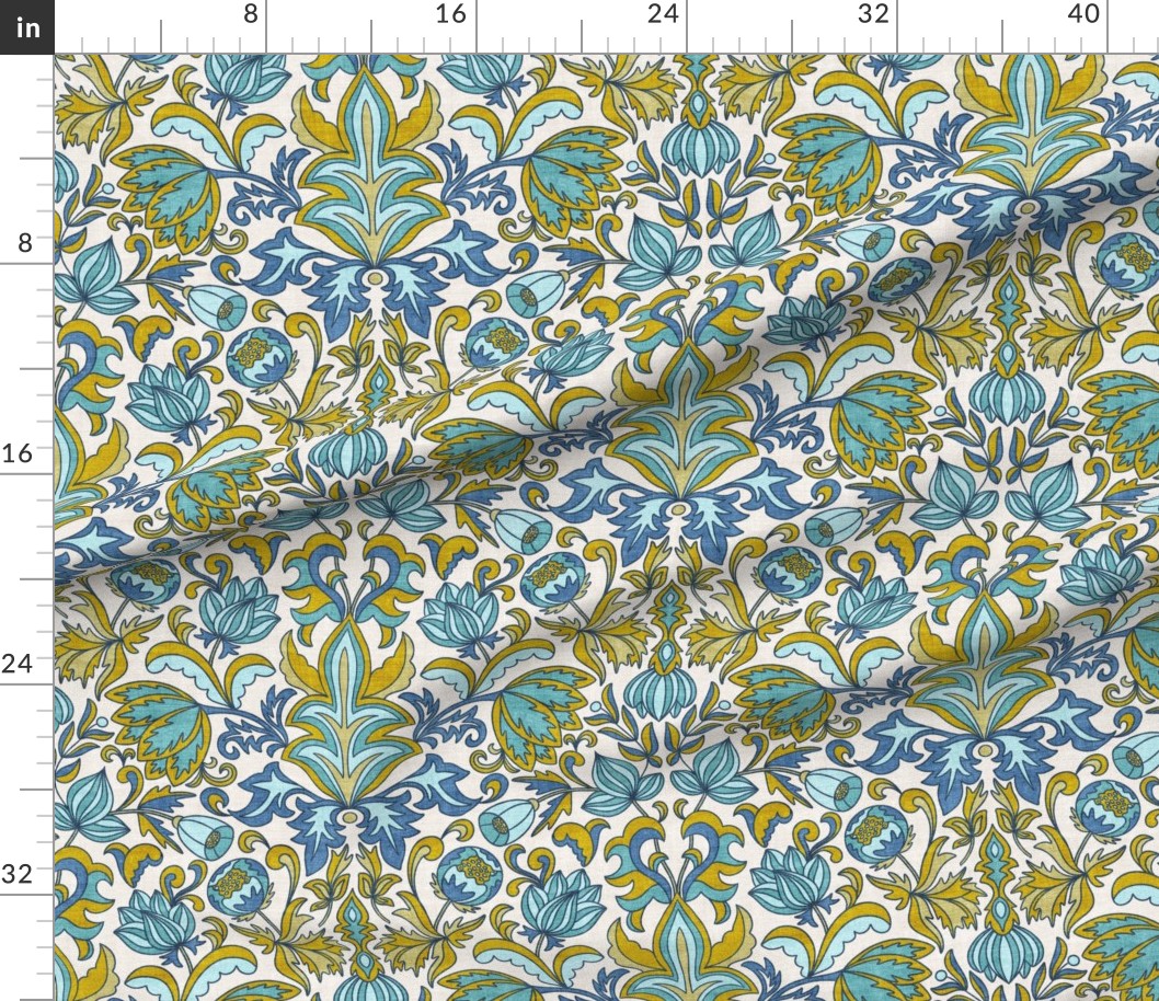Vintage floral damask in sky blue olive green & cream with ornate detail
