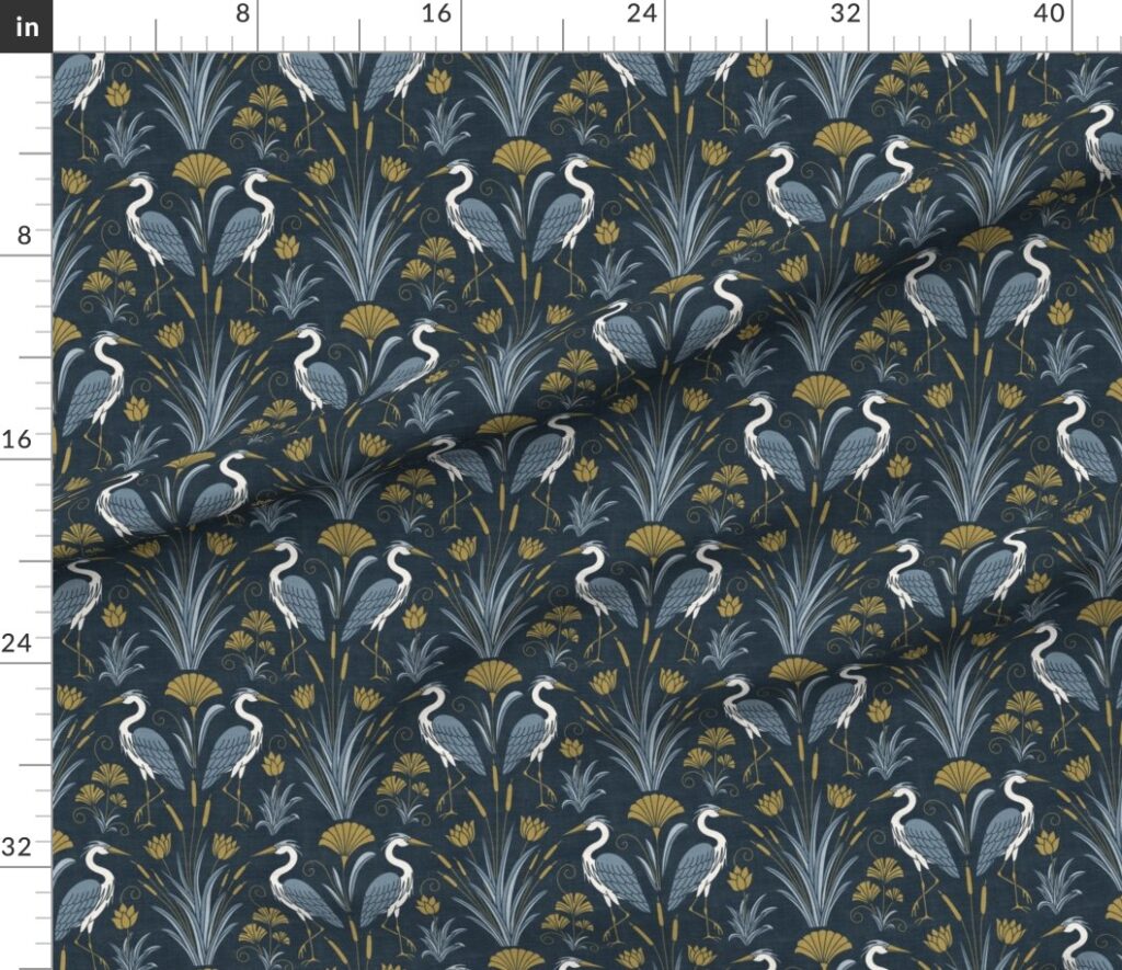 Art Deco Herons with Golden Lotus Fans Ginkgo & Cattails on Deep Blue Linen 
