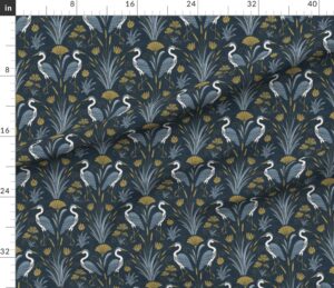 Art Deco Herons with Golden Lotus Fans Ginkgo & Cattails on Deep Blue Linen 
