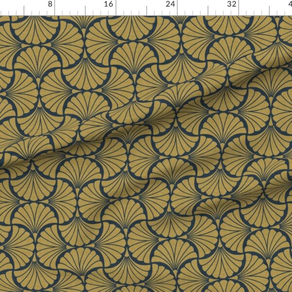 Art Deco Golden Scallop Shell Fan Repeat on Deep Navy Linen Texture