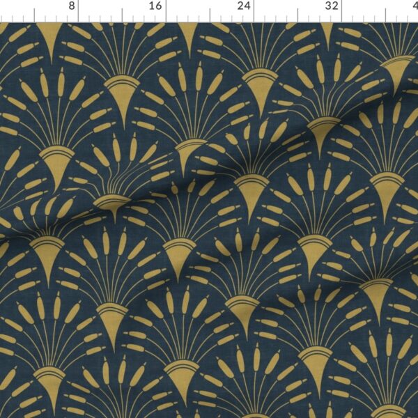 Art Deco Golden Cattail Fanburst Radiating Motif on Deep Navy Linen