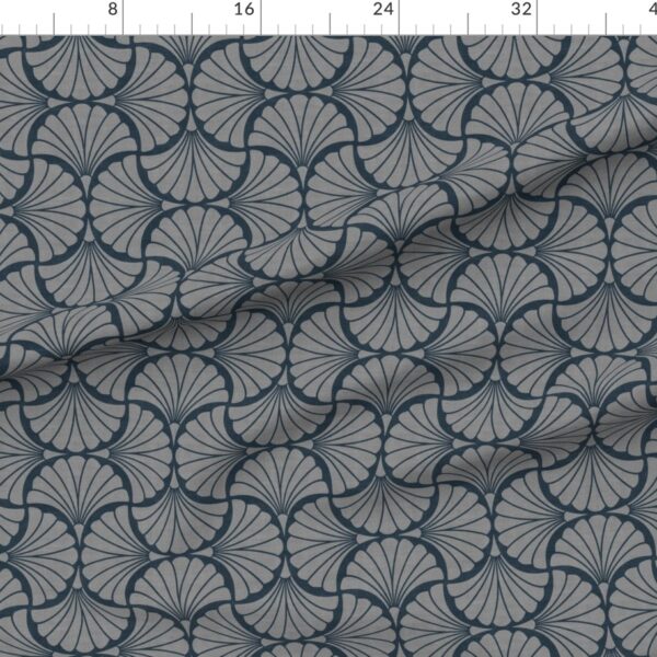 Art Deco Scallop Shell Fan Repeat in Charcoal Grey on Navy Linen Texture