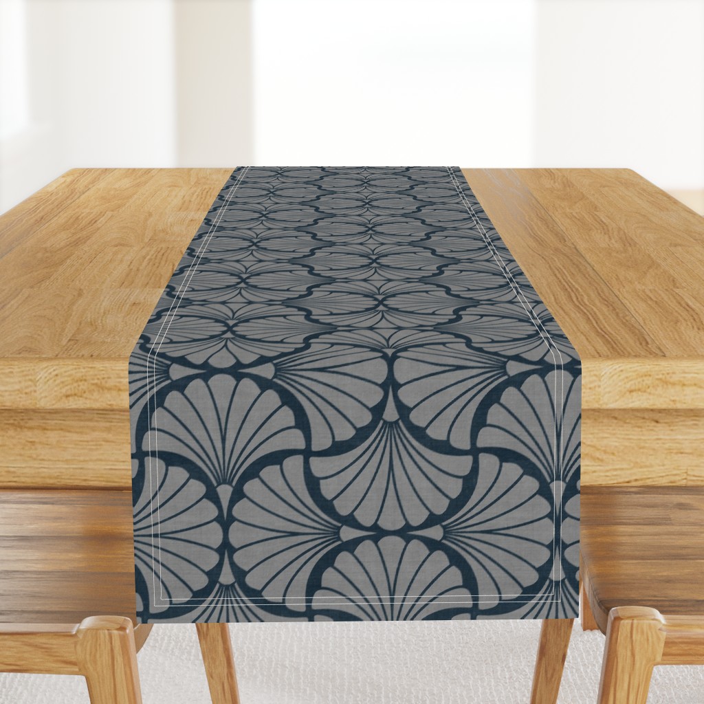 Art Deco Scallop Shell Fan Repeat in Charcoal Grey on Navy Linen Texture — table-runner