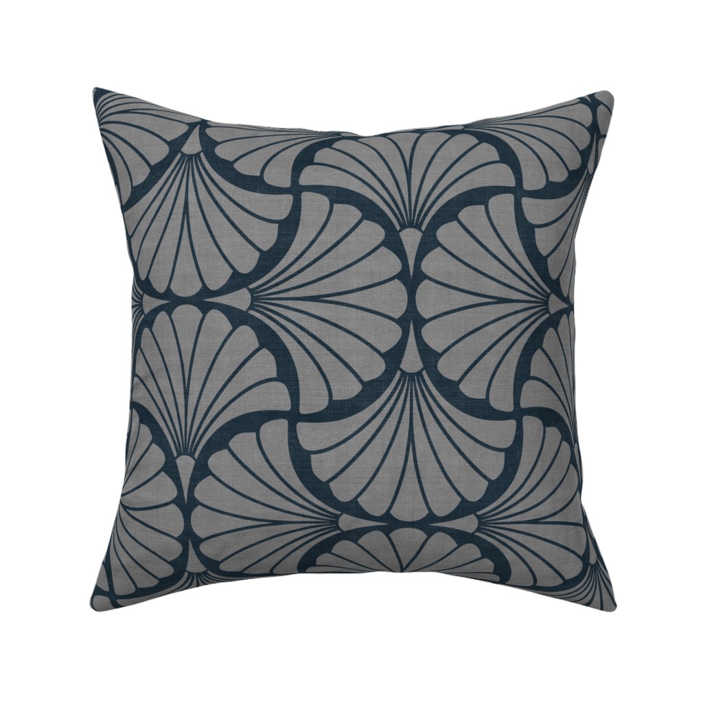 Art Deco Scallop Shell Fan Repeat in Charcoal Grey on Navy Linen Texture — throw-pillow