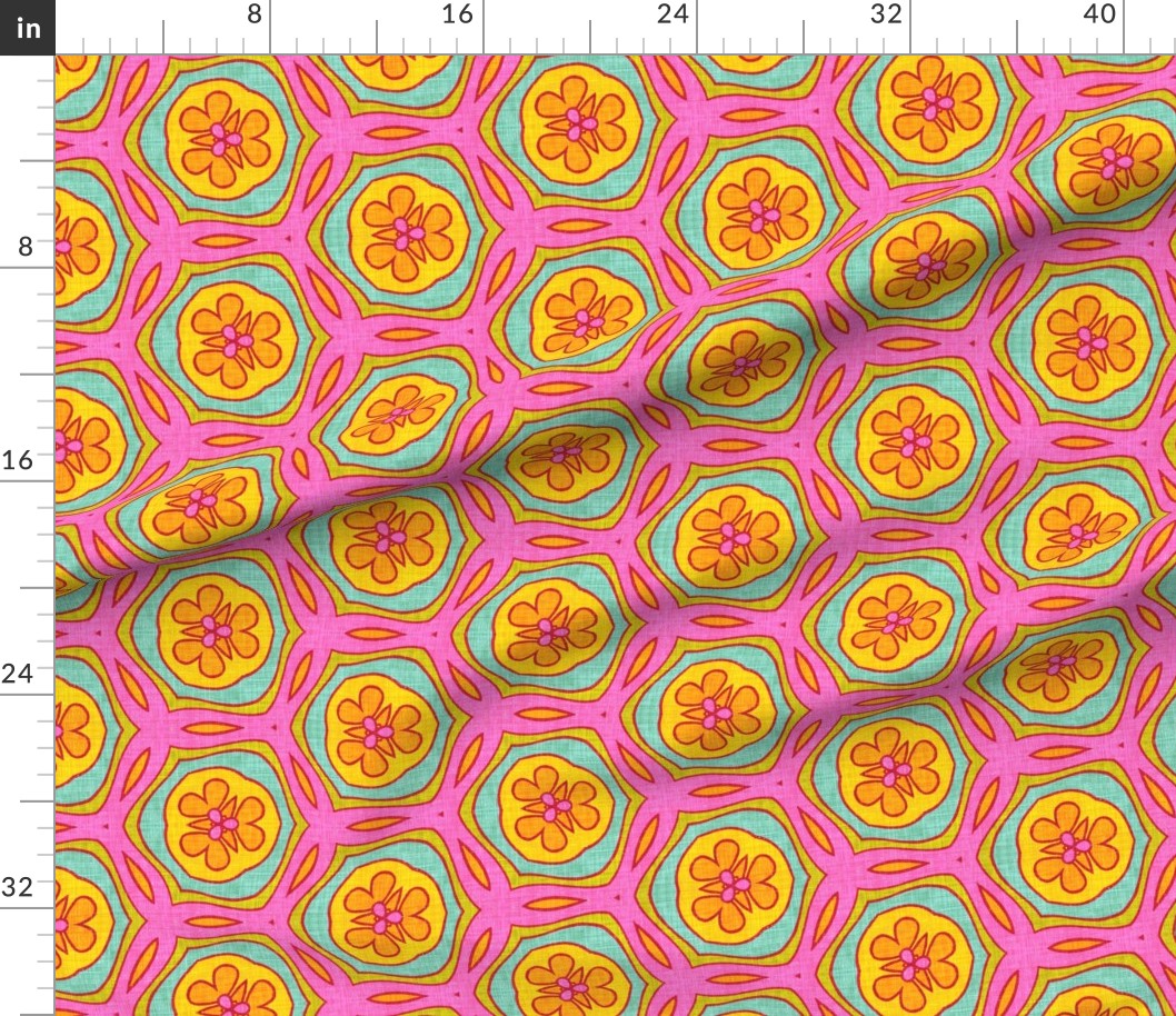 Boho retro flower tile in orange yellow pink teal hand-drawn linen texture