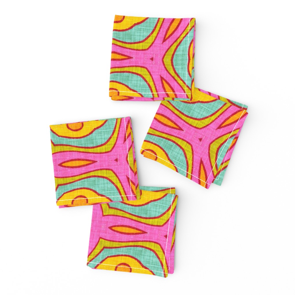 Boho retro flower tile in orange yellow pink teal hand-drawn linen texture — napkin