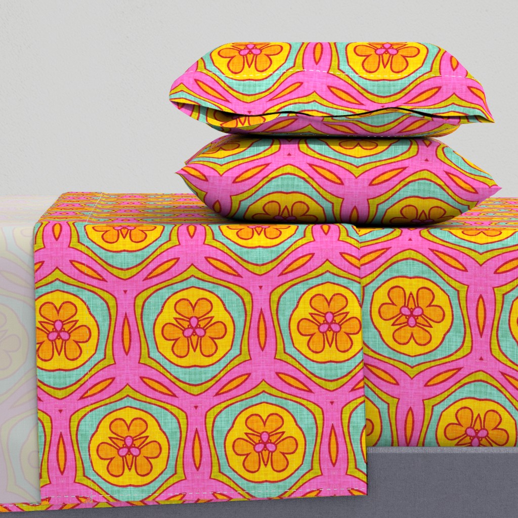 Boho retro flower tile in orange yellow pink teal hand-drawn linen texture — sheet-set