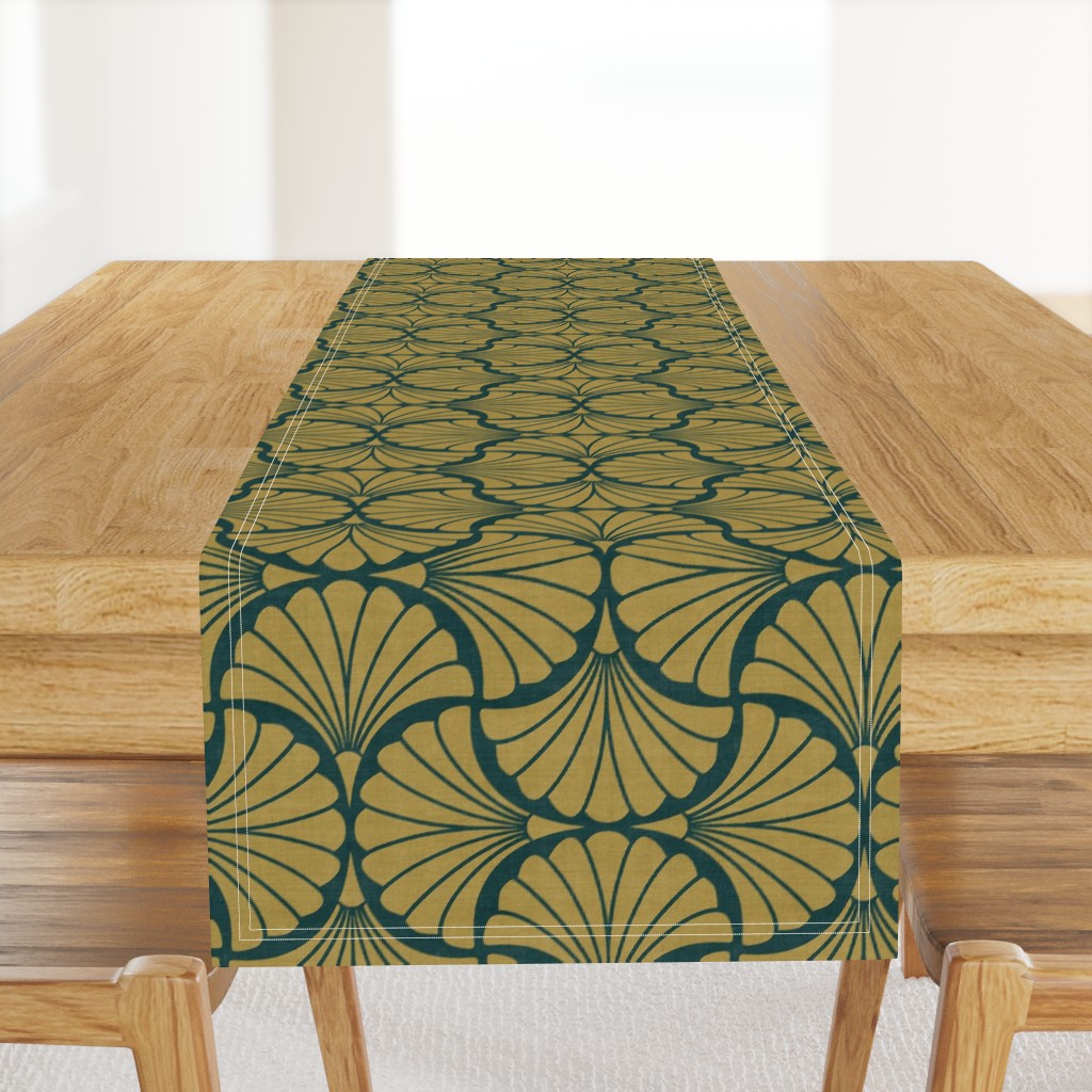 Art Deco Scallop Shell Fan Repeat in Charcoal Grey on Navy Linen Texture — table-runner