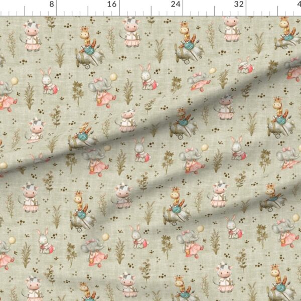Whimsical Baby Animals with Florals in Taupe Beige Linen Texture Style