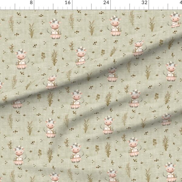 Whimsical Cow with Florals on Taupe Beige Linen Texture Cottagecore Style