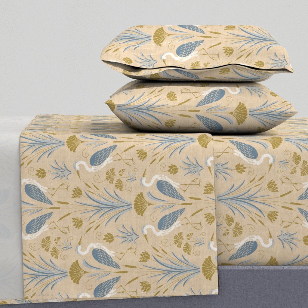 Art Deco Herons with Ginkgo & Cattails in Blue and Gold on Beige Linen — sheet-set