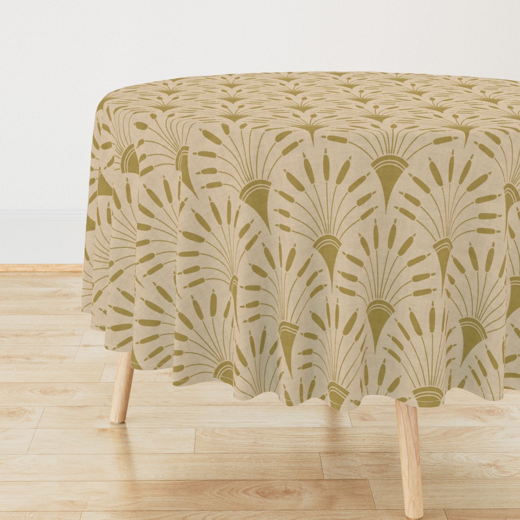 Art Deco Golden Cattail Fanburst Radiating Motif on Beige Linen — tablecloth