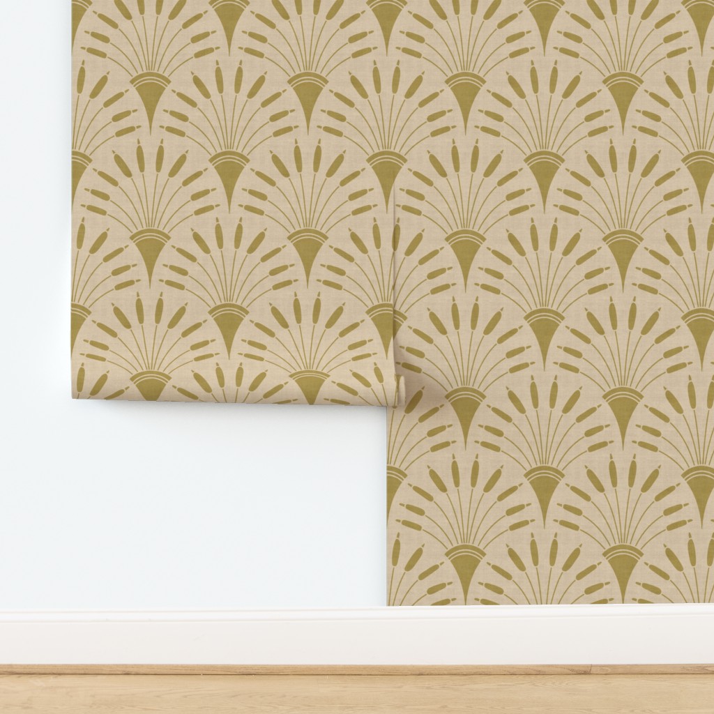 Art Deco Golden Cattail Fanburst Radiating Motif on Beige Linen — wallpaper