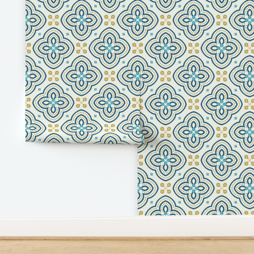 Moroccan-Inspired Ornate Trellis Linen Texture Navy Teal Mustard Off White — wallpaper