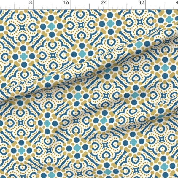 Intricate Ornate Geometric Trellis in Teal Mustard Navy Off White Linen