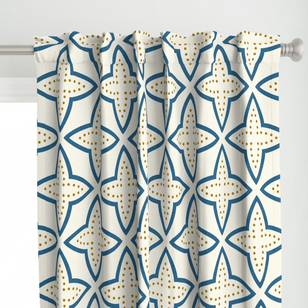 Moroccan-Inspired Quatrefoil Dotted Tiles in Deep Blue Mustard Off-White — curtains