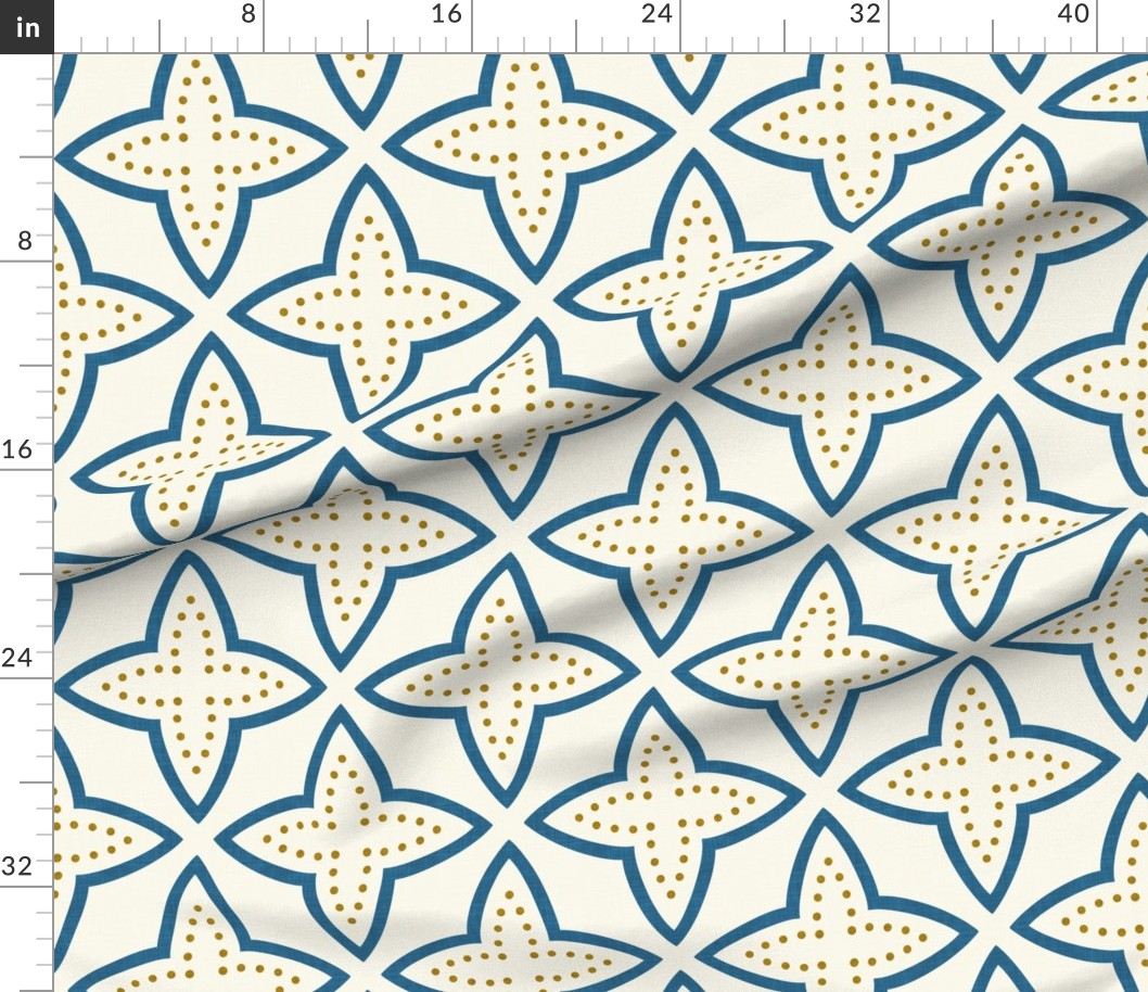 Moroccan-Inspired Quatrefoil Dotted Tiles in Deep Blue Mustard Off-White