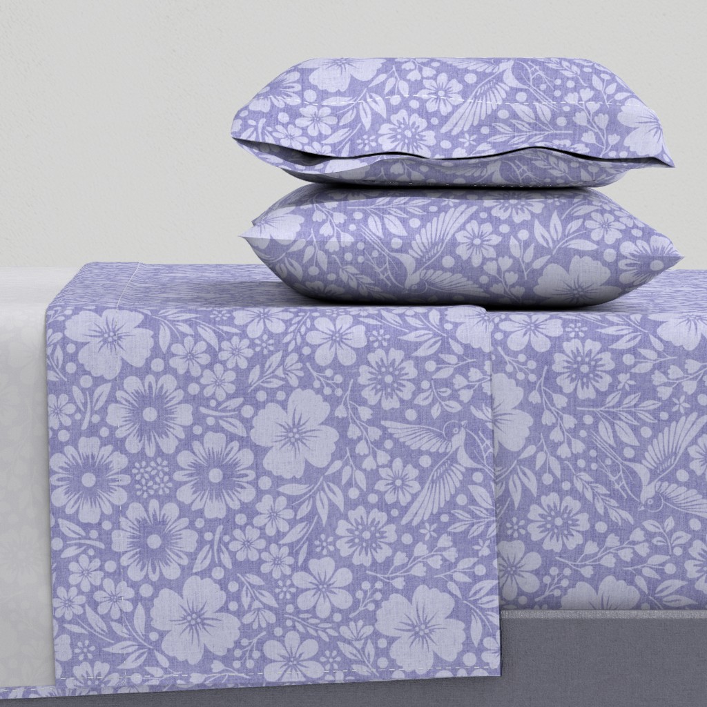 Vintage Floral Bird Garden Lilac Violet Blossoms with Hand Drawn Charm — sheet-set