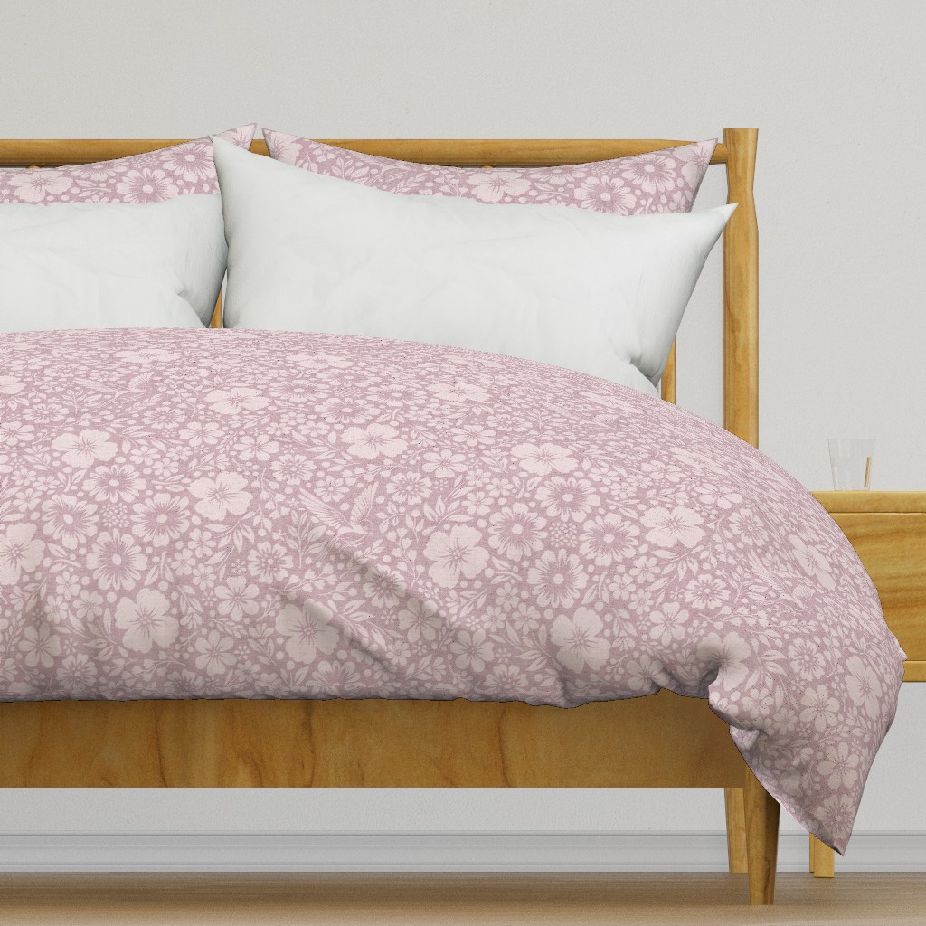 Romantic Floral Bird Garden Mauve Blooming Blossoms with Vintage Hand Drawn — duvet-cover