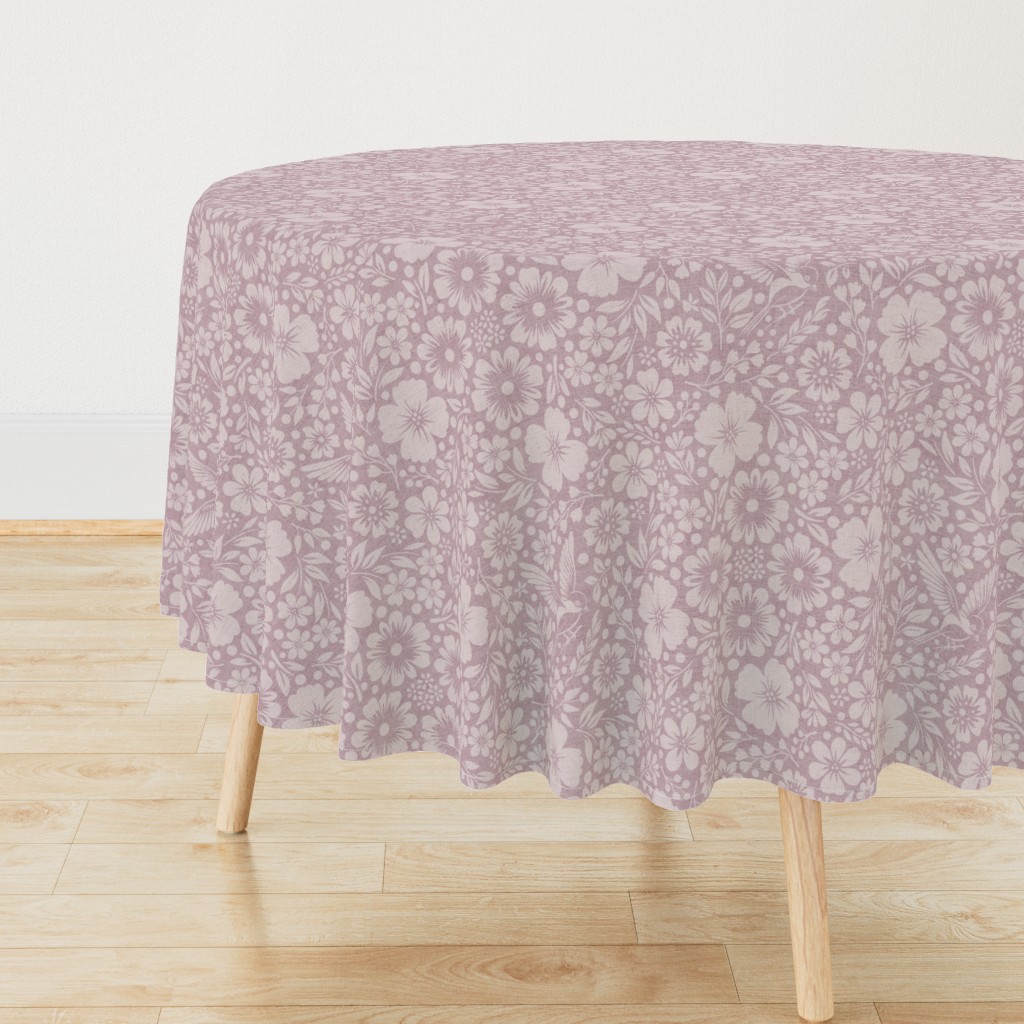 Romantic Floral Bird Garden Mauve Blooming Blossoms with Vintage Hand Drawn — tablecloth