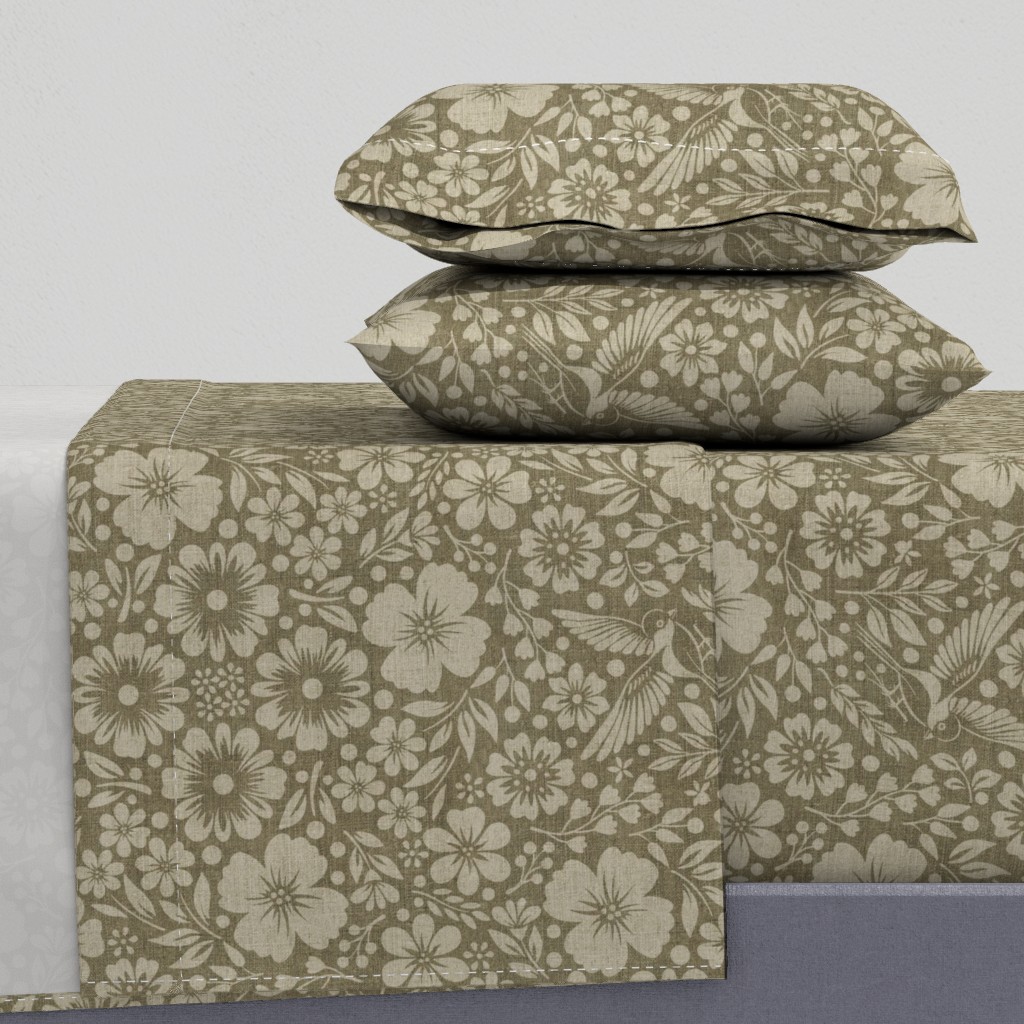 Olive Floral Bird Garden Botanical Bloom in Earthy Taupe Vintage Style — sheet-set