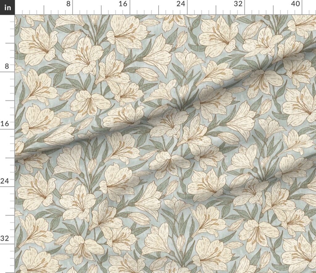 Vintage Boho Alstroemerias Floral in Dusty Blue Sage Green and Soft Cream