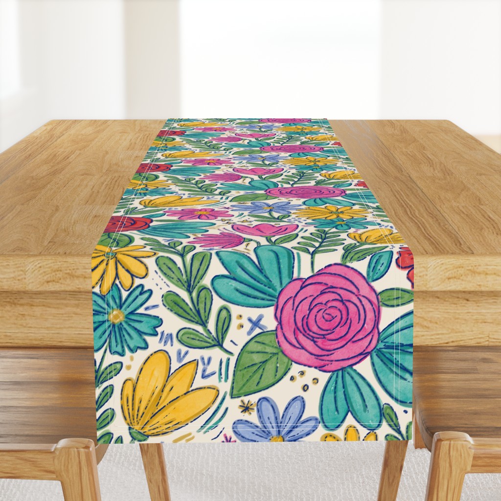 Craft maximalist floral doodles teal pink mustard off white hand drawn ink — table-runner