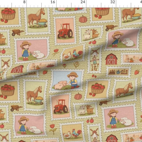 Retro storybook farm stamps – tractor barn animals linen texture golden hay