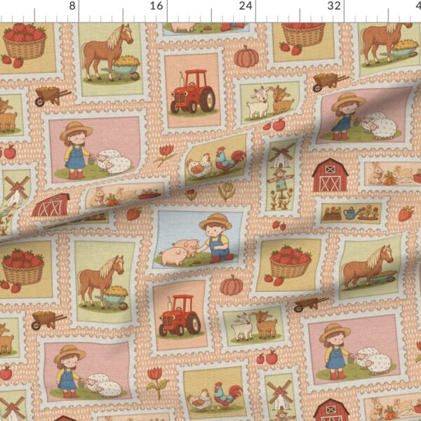 Retro storybook farm stamps tractor barn animals linen texture dusty peach