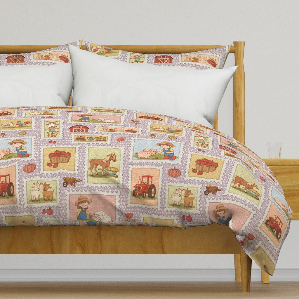 Retro storybook farm stamps – tractor barn animals linen texture lilac — duvet-cover