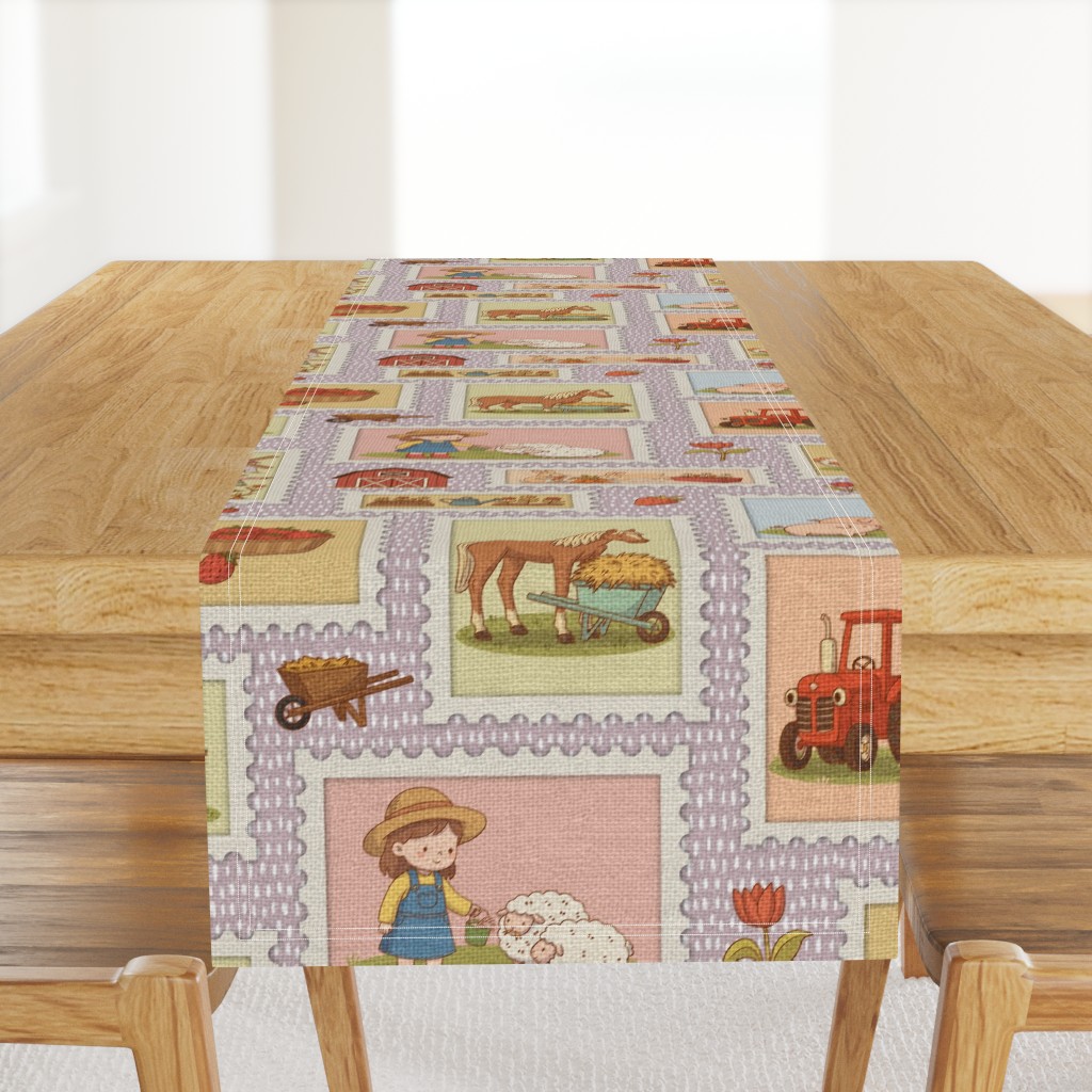 Retro storybook farm stamps – tractor barn animals linen texture lilac — table-runner