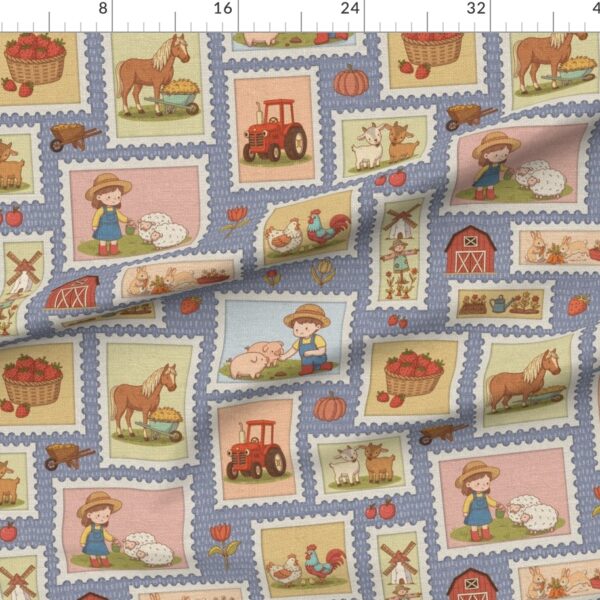 Retro storybook farm stamps – tractor barn animals linen texture slate blue