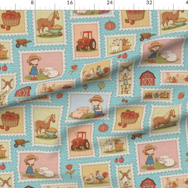 Retro storybook farm stamps – tractor barn animals linen texture aqua teal