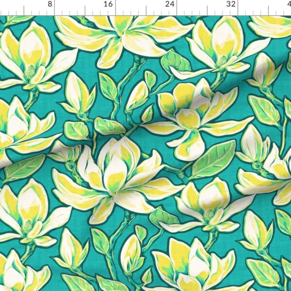 Hand Drawn Vintage Botanical Moody Magnolia Florals Fabric – Turquoise