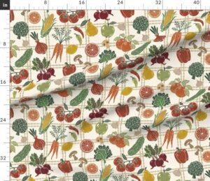 Rustic Farmer's Market Veggies Hand Carved Linen Texture Sage Red Mustard