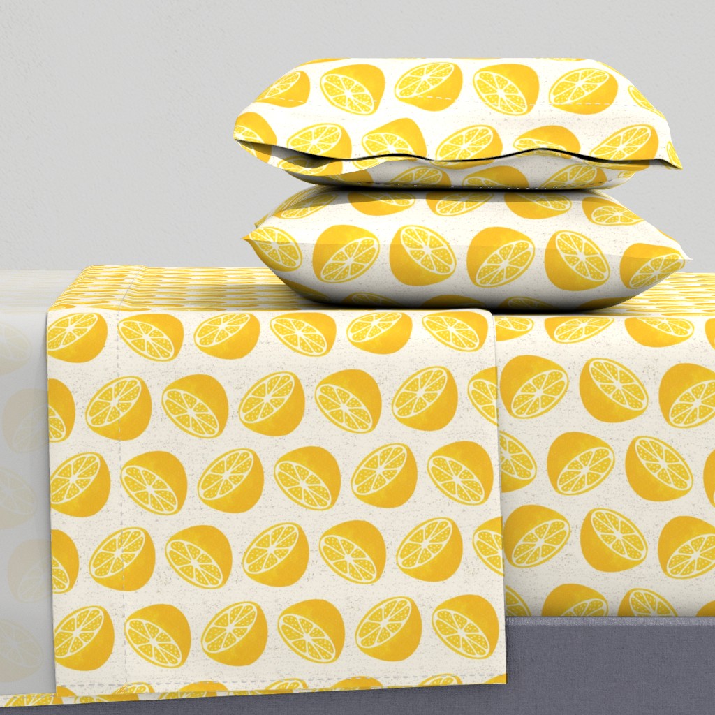 Mediterranean lemon slices vintage block print citrus toss cream yellow — sheet-set