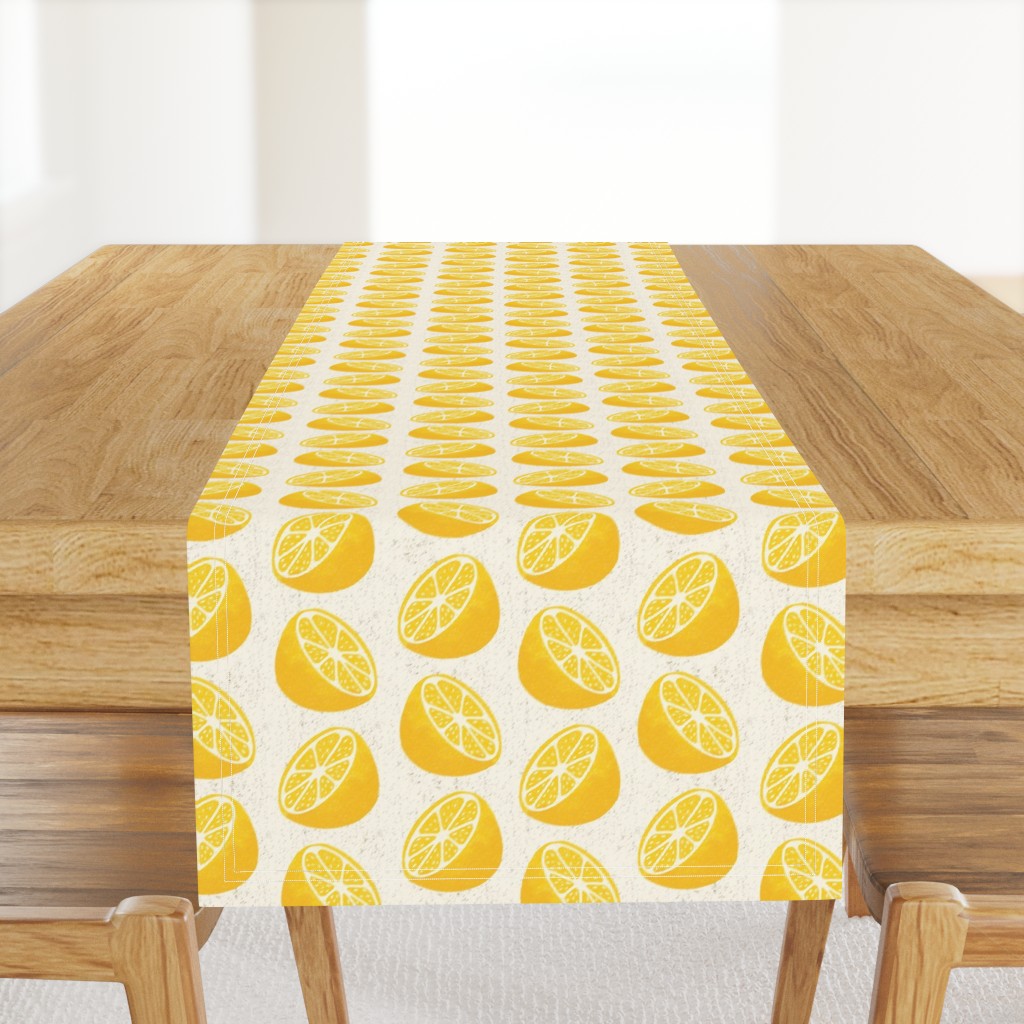 Mediterranean lemon slices vintage block print citrus toss cream yellow — table-runner