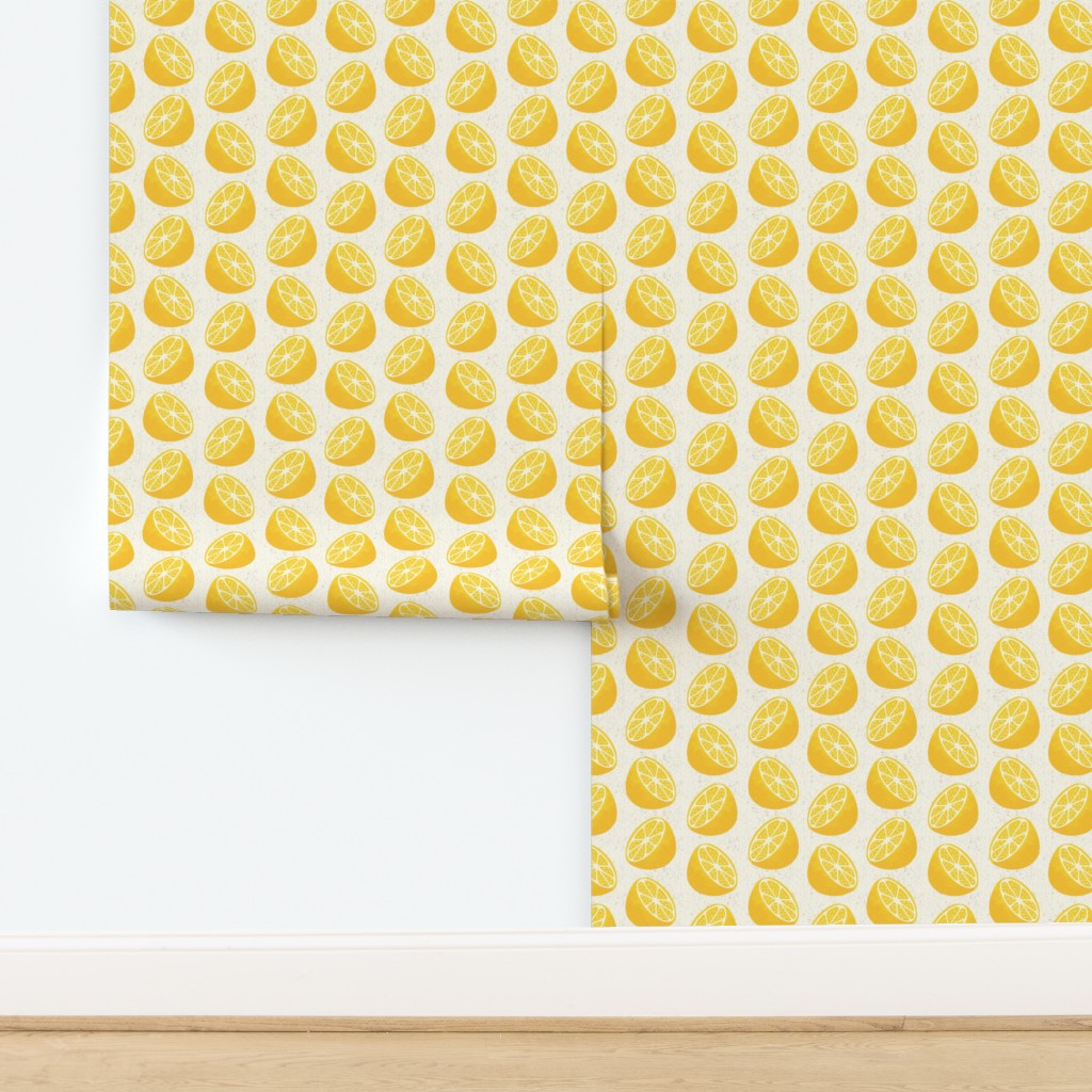 Mediterranean lemon slices vintage block print citrus toss cream yellow — wallpaper