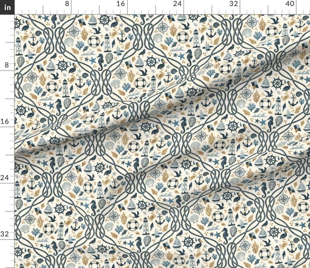 Modern Nautical Lattice Coastal Maritime Icons Seashells Cream Navy Ocher