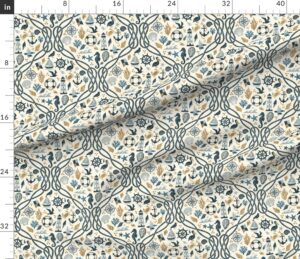Modern Nautical Lattice Coastal Maritime Icons Seashells Cream Navy Ocher