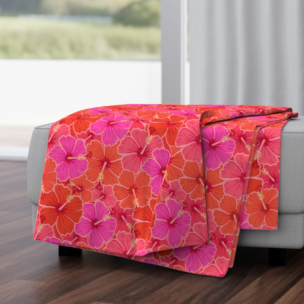 Hothouse Tropical Hibiscus Floral Exotic Flowers Botanical Pink Coral Red — throw-blanket