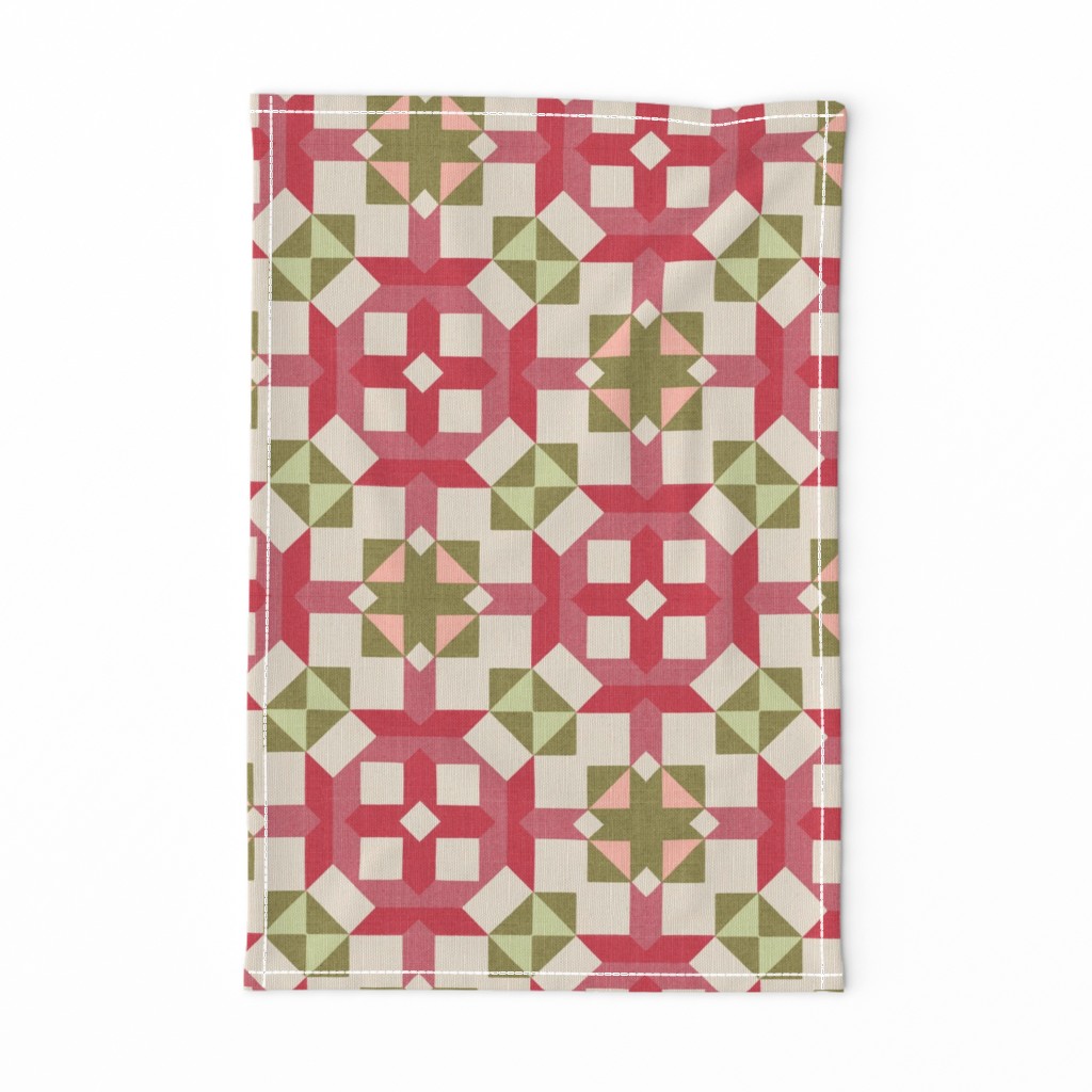 Vintage Retro cheater quilt block nursery geometric woven texture Blush — tea-towel