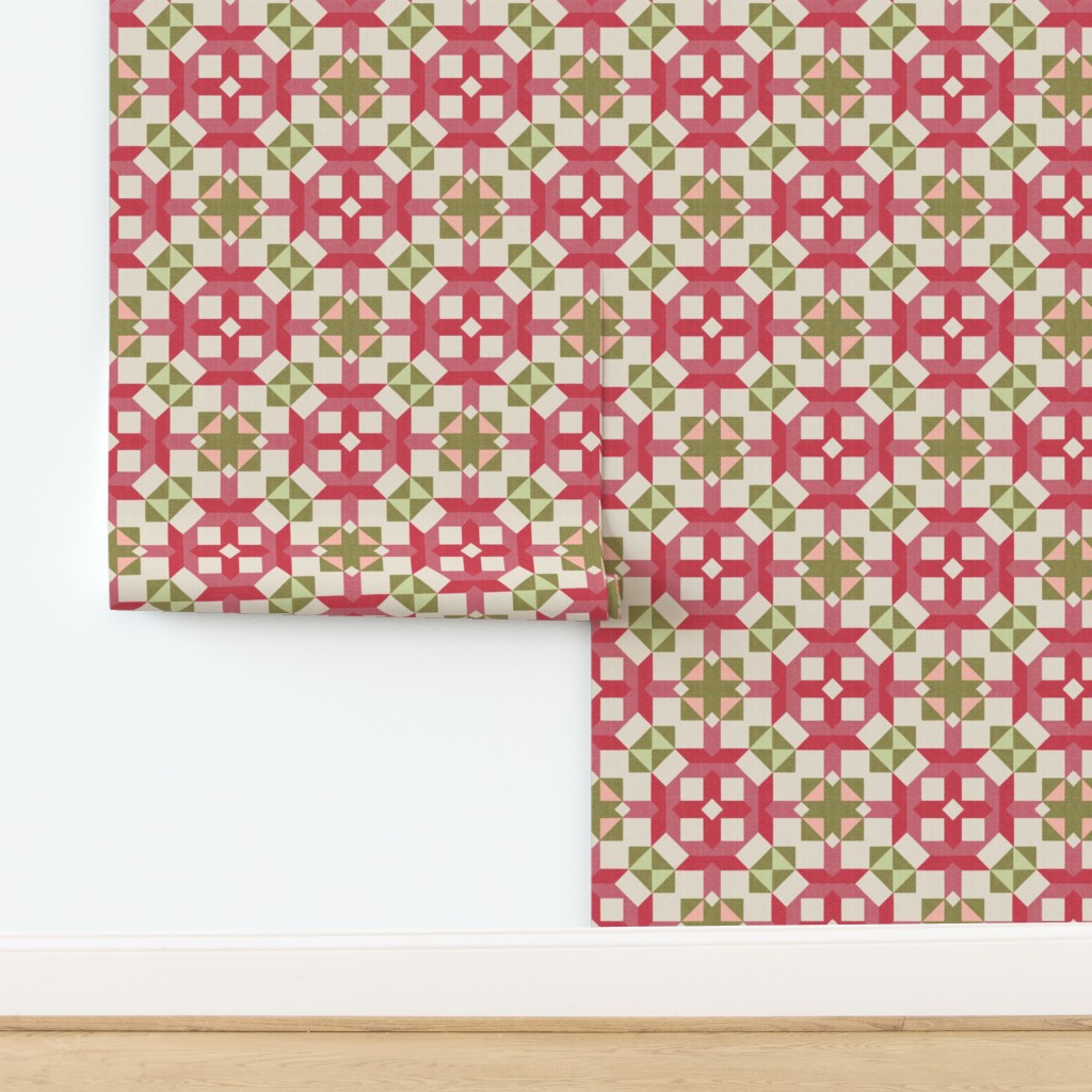 Vintage Retro cheater quilt block nursery geometric woven texture Blush — wallpaper