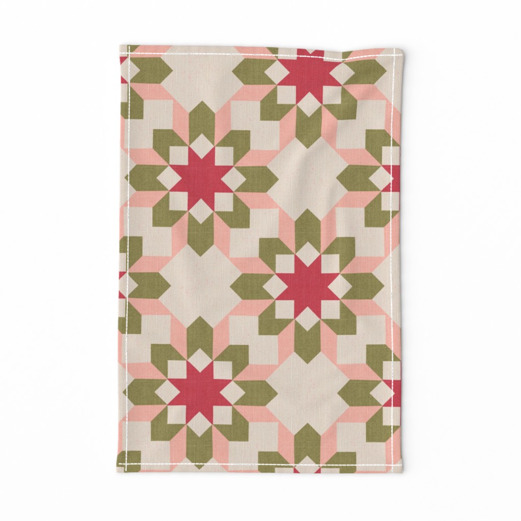 Vintage Retro cheater quilt block nursery geometric woven texture Blush — tea-towel