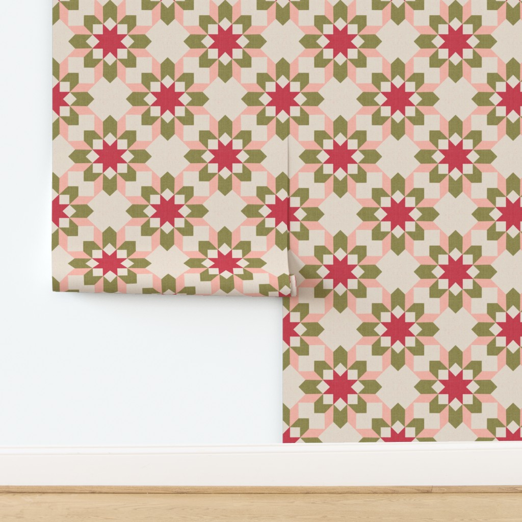 Vintage Retro cheater quilt block nursery geometric woven texture Blush — wallpaper