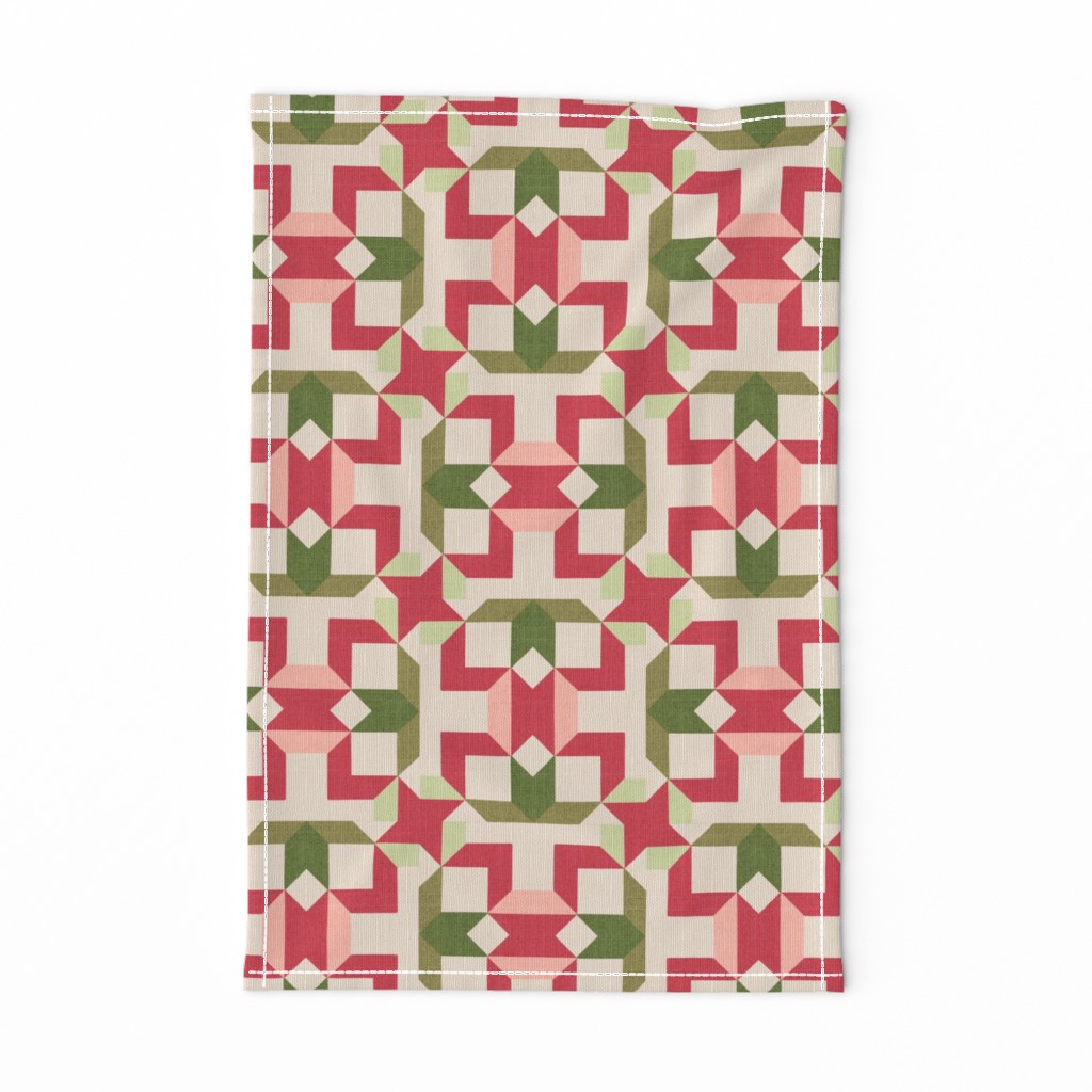 Vintage Retro cheater quilt block nursery geometric woven texture Blush — tea-towel