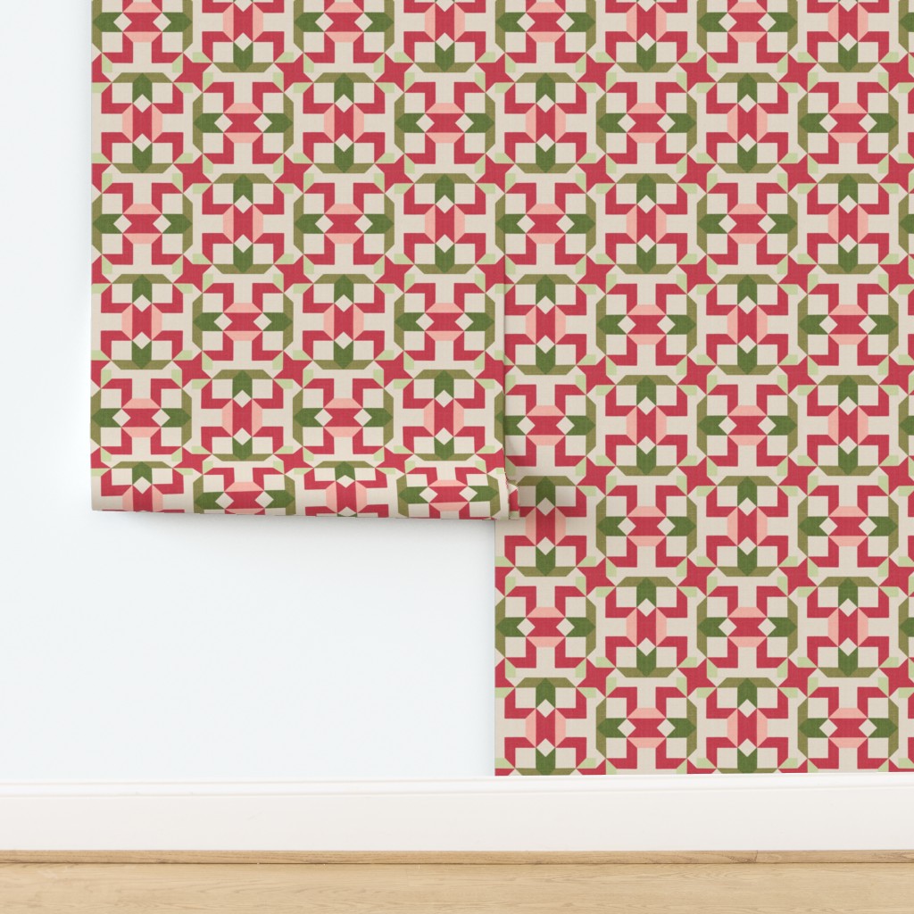 Vintage Retro cheater quilt block nursery geometric woven texture Blush — wallpaper
