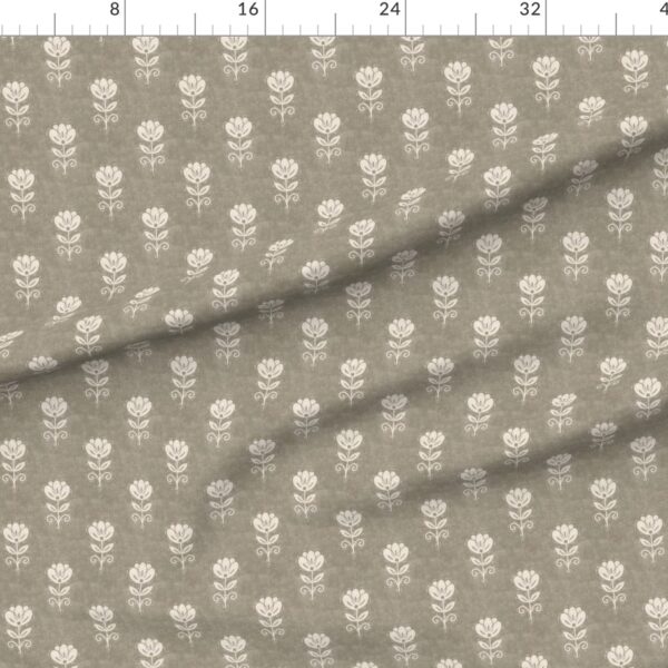 Rustic Block Print Tulip Folk Floral on Linen Texture – Vintage Taupe Beige
