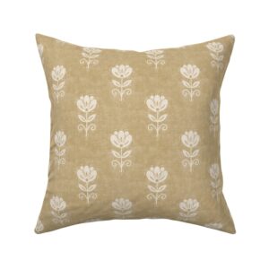 Rustic Block Print Tulip Folk Floral on Linen Texture – Vintage Ochre Wheat