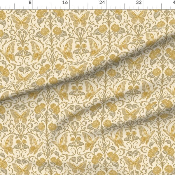 Butterfly & Lantana Art Nouveau Vintage Damask Floral Pattern Golden Yellow